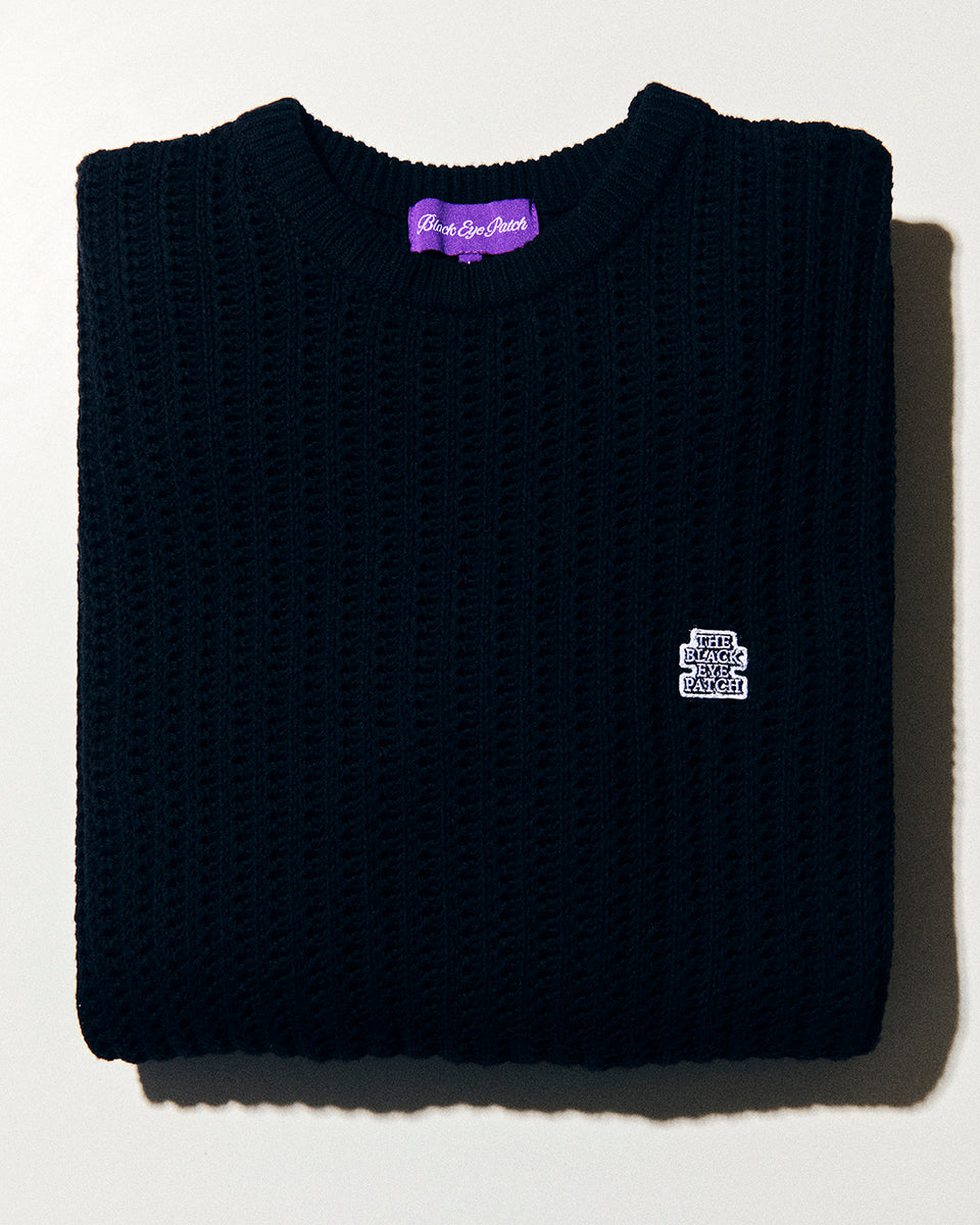 Black Eye Patch STOP BLAC OG LABEL WAFFLE KNITTED CREW ブラック