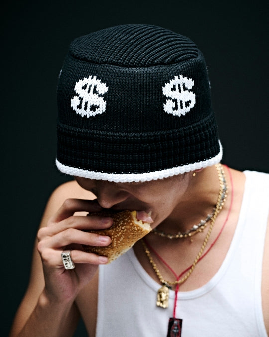 DOLLAR SIGN KNITTED BUCKET HAT