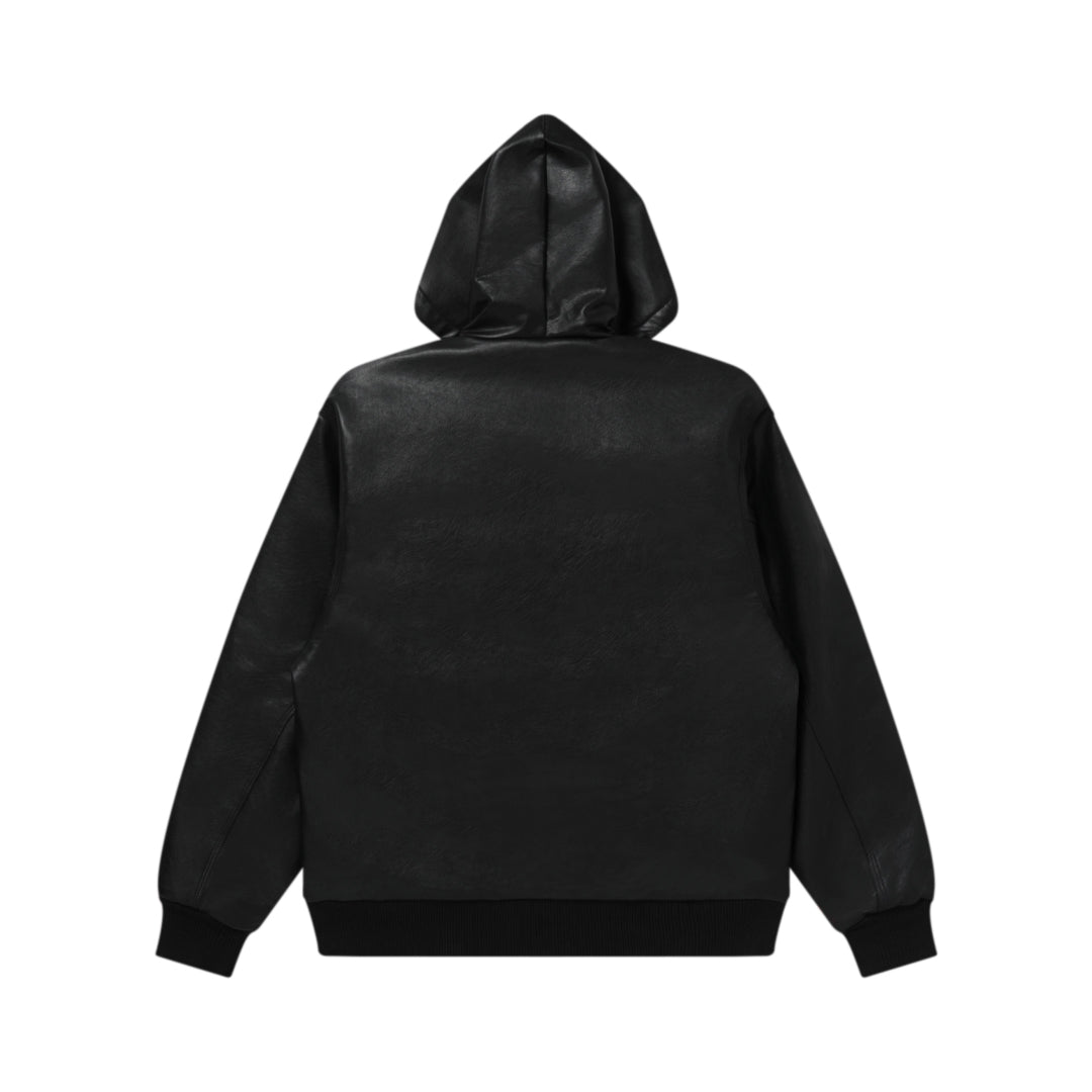 LEATHER PATCH PU HOODED JACKET