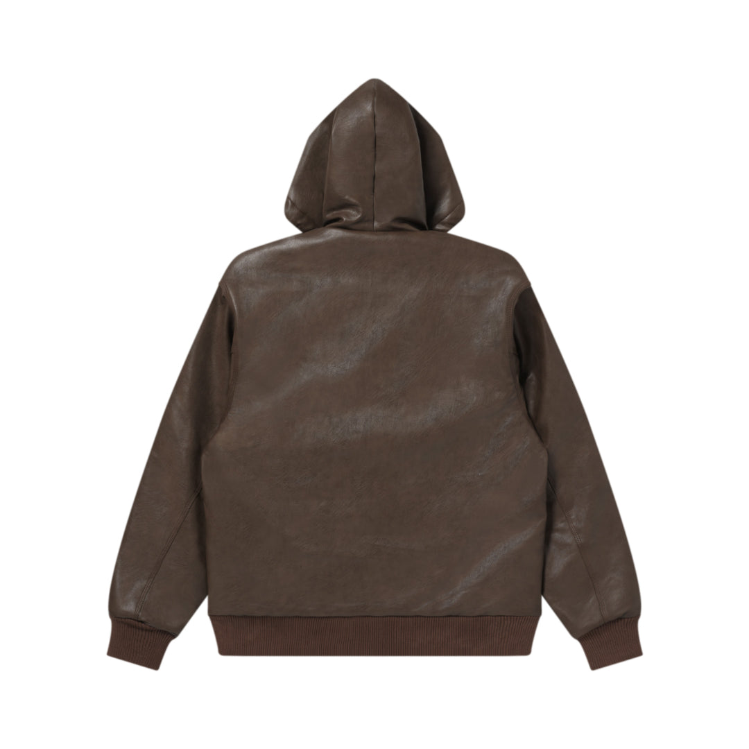LEATHER PATCH PU HOODED JACKET