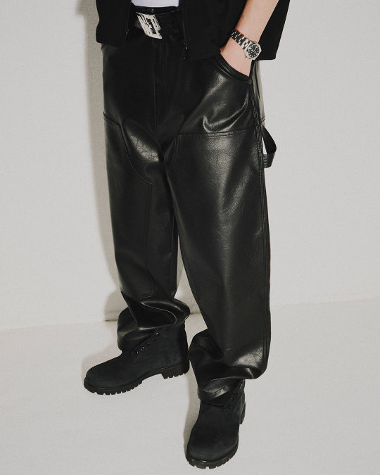 FAUX LEATHER EXTRA BAGGY DOUBLE KNEE PANTS