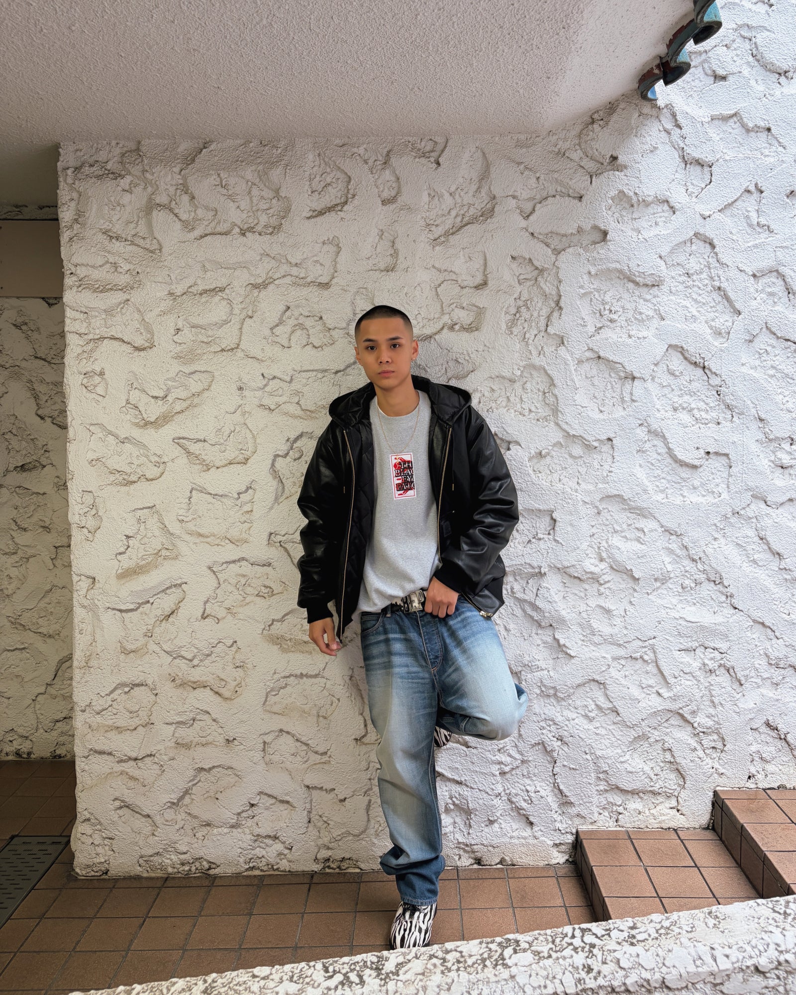 LEATHER PATCH PU HOODED JACKET